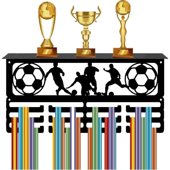 Soccer Medal Holder Trophy Shelf Display with 12 Hooks Football Metal Medal Hanger for Wall Mount Hold 60  Medals Ribbons Organization Rack with Shelf for Awards Race Medalists 15.7x8x4Inch Black