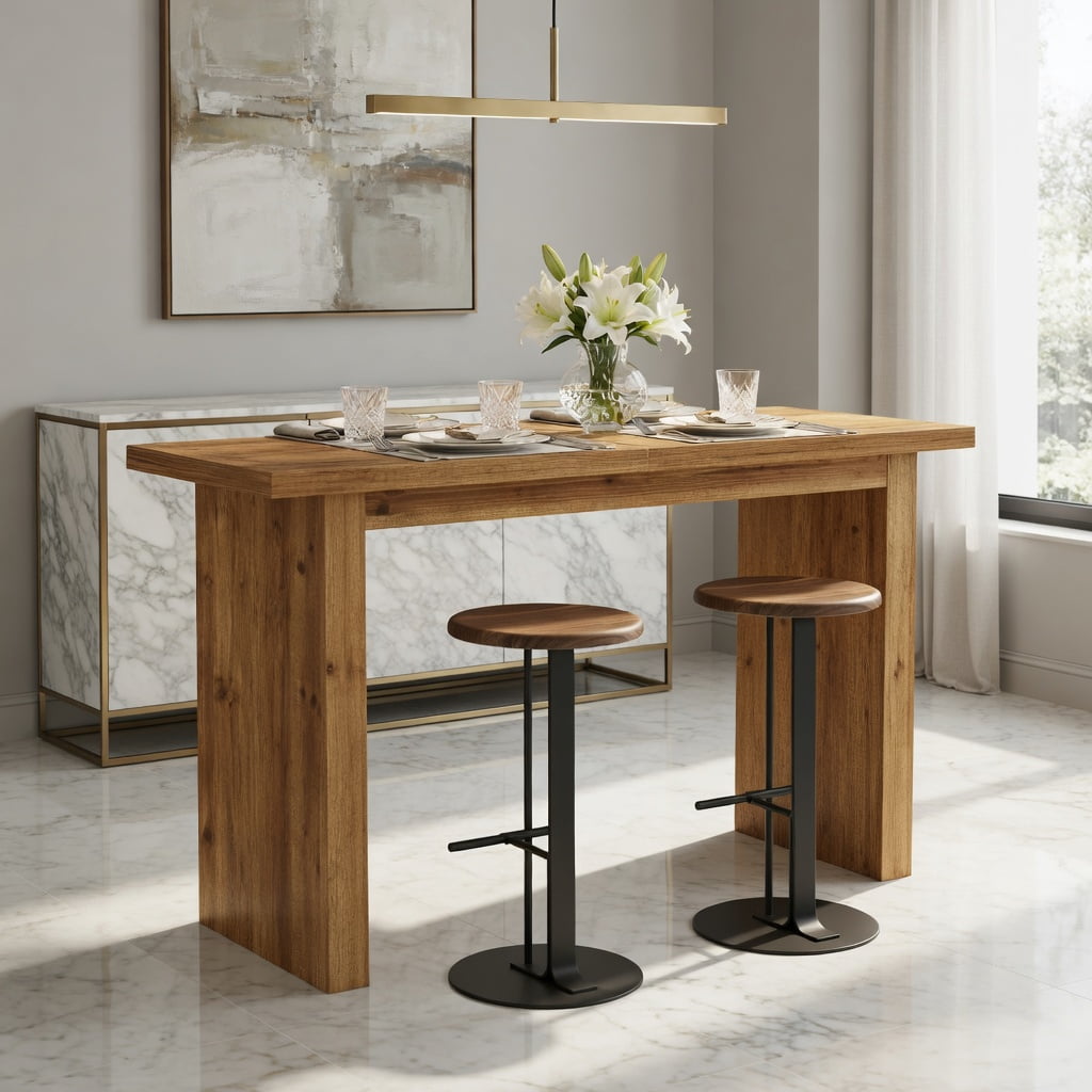 Hommoo Solid Wood Counter Height Bar Table, 63 Inch Rustic Industrial Pub Table for Home Bar, Kitchen Island or Office Workspace, Natural