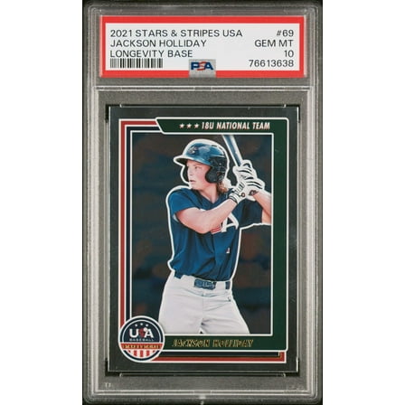 Graded 2021 Panini Stars  Stripes USA Jackson Holliday #69 Longevity Base Rookie RC Baseball Card PSA 10 Gem Mint