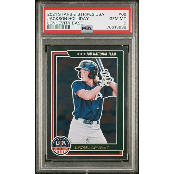 Graded 2021 Panini Stars Stripes USA Jackson Holliday #69 Longevity Base Rookie RC Baseball Card PSA 10 Gem Mint