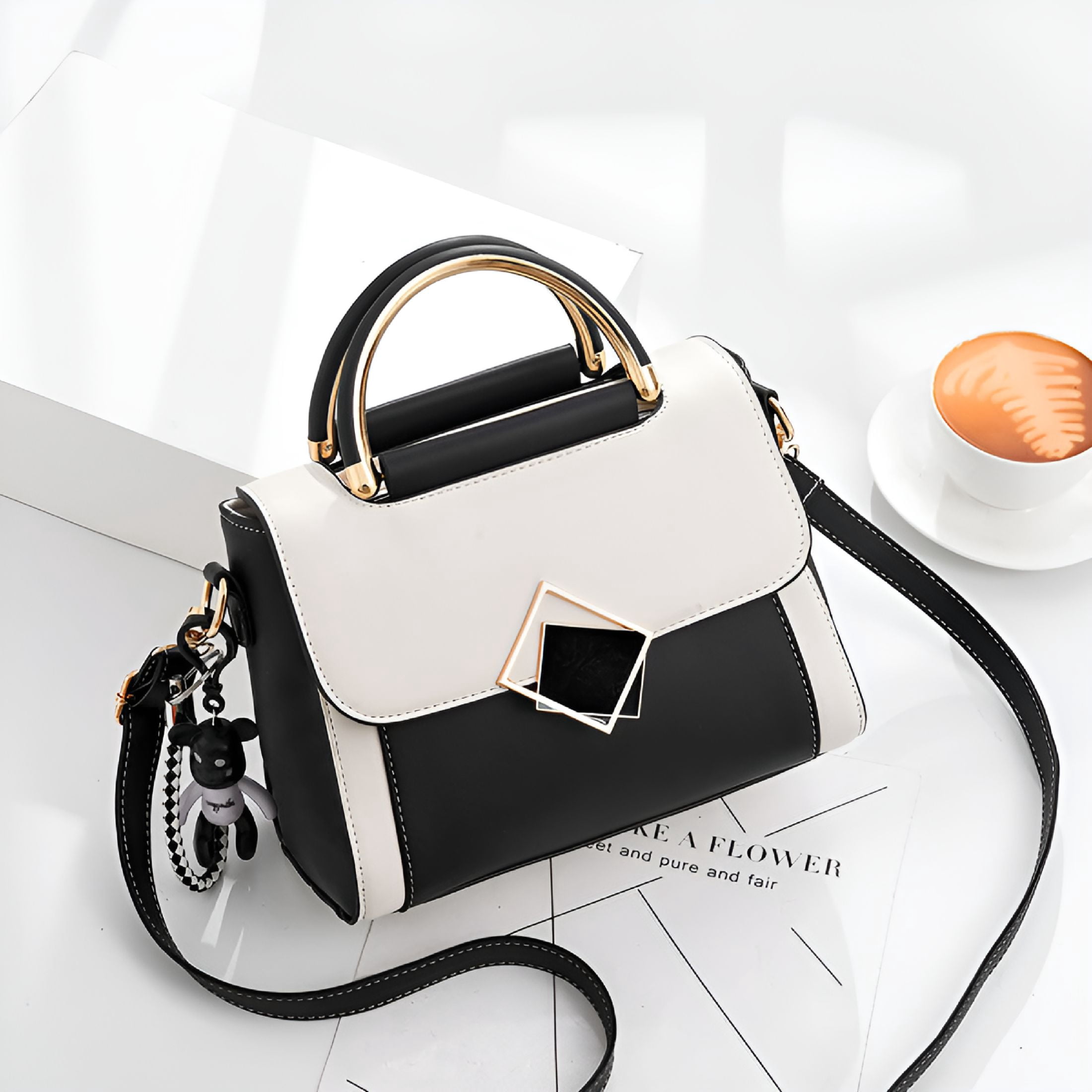 GASTROPOD Genuine Leather Handbags Tote Shoulder Bag for Women Satchel Designer Purse Top Handles Crossbody Bag, Tote Bag Purse, White with Black