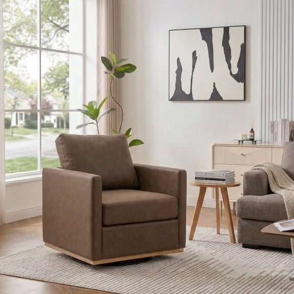 GOMYHOME 30.7" Swivel Accent Chair, Coffee PU Upholstery, Solid Wood Frame Lounge Chair