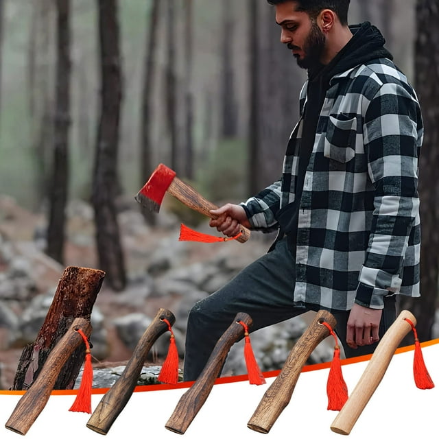 Wooden Axe Handle Replacement with Red Rope Wrap | High-Temperature Carbonized Hardwood for Durability | Ergonomic Curved Grip with Anti-Slip Design | Easy Installation for Axe Repair & Restoration