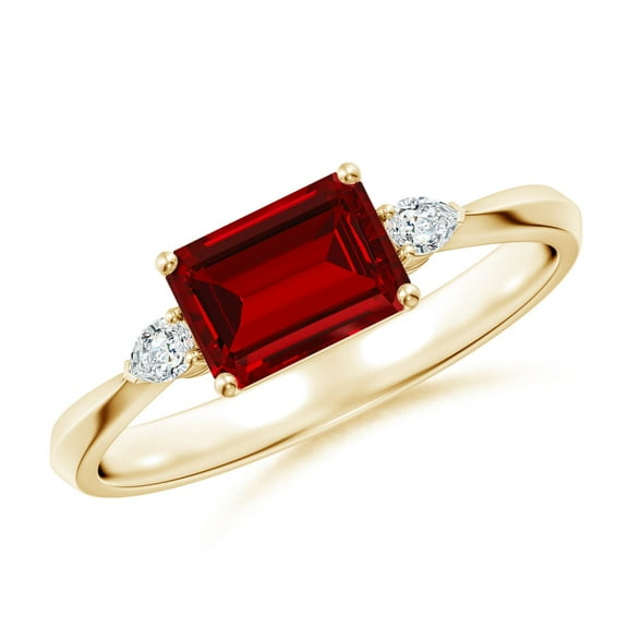 ANGARA Lab Grown 1 Ct Classic Emerald-Cut Ruby Side Stone Engagement Ring for Women in 14K Yellow Gold (Size-7x5mm) | July Birthstone, Anniversary, Jewelry Gift for Women | Lab-Grown Ruby Ring