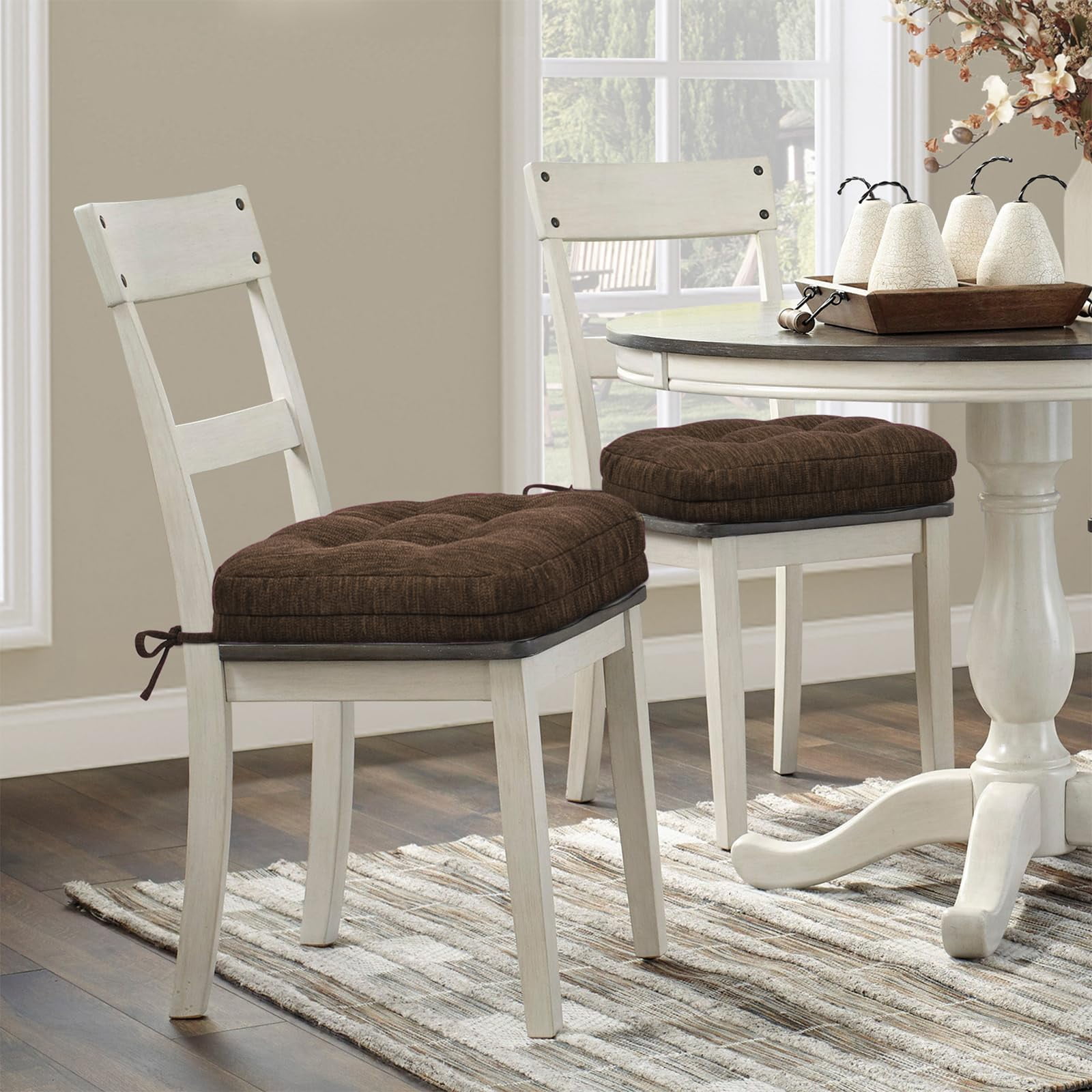 Shinnwa Chair Cushions 3.5" Thick Tufted Memory Foam Kitchen Chair Cushions Set of 4 Dual-layer Indoor Seat Cushions, 16.5" X 16.5", Non-Slip, Dark Brown