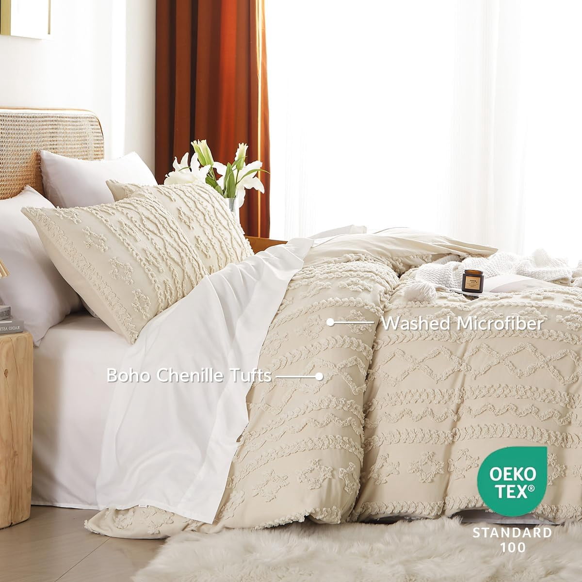 JOLUSERE Jacquard Sandflow Pattern Tufted Duvet Cover King Set, 3 Pieces Boho Ultra Soft Embroidery Bedding Set, Beige
