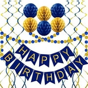 Navy Blue Birthday Decorations with Happy Birthday Banner, Paper Honeycomb Balls, Circle Garland and Hanging Swirl Decorations, Navy Blue Birthday Party Decorations, Birthday Decorations for Men