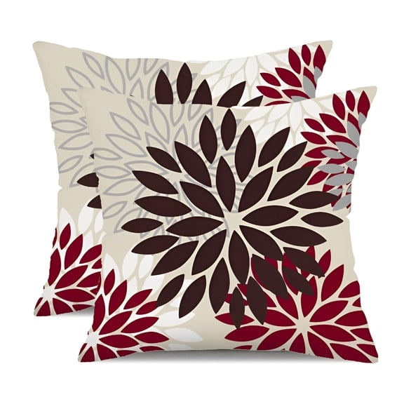 AUQ 2026 New Red Brown Flower Pillow Covers 20X20" Set of 2 White Gray Colored Throw Pillows Outdoor Waterproof Decor for Living Room Sofa Patio Furniture Garden Floral Linen Cushion Case