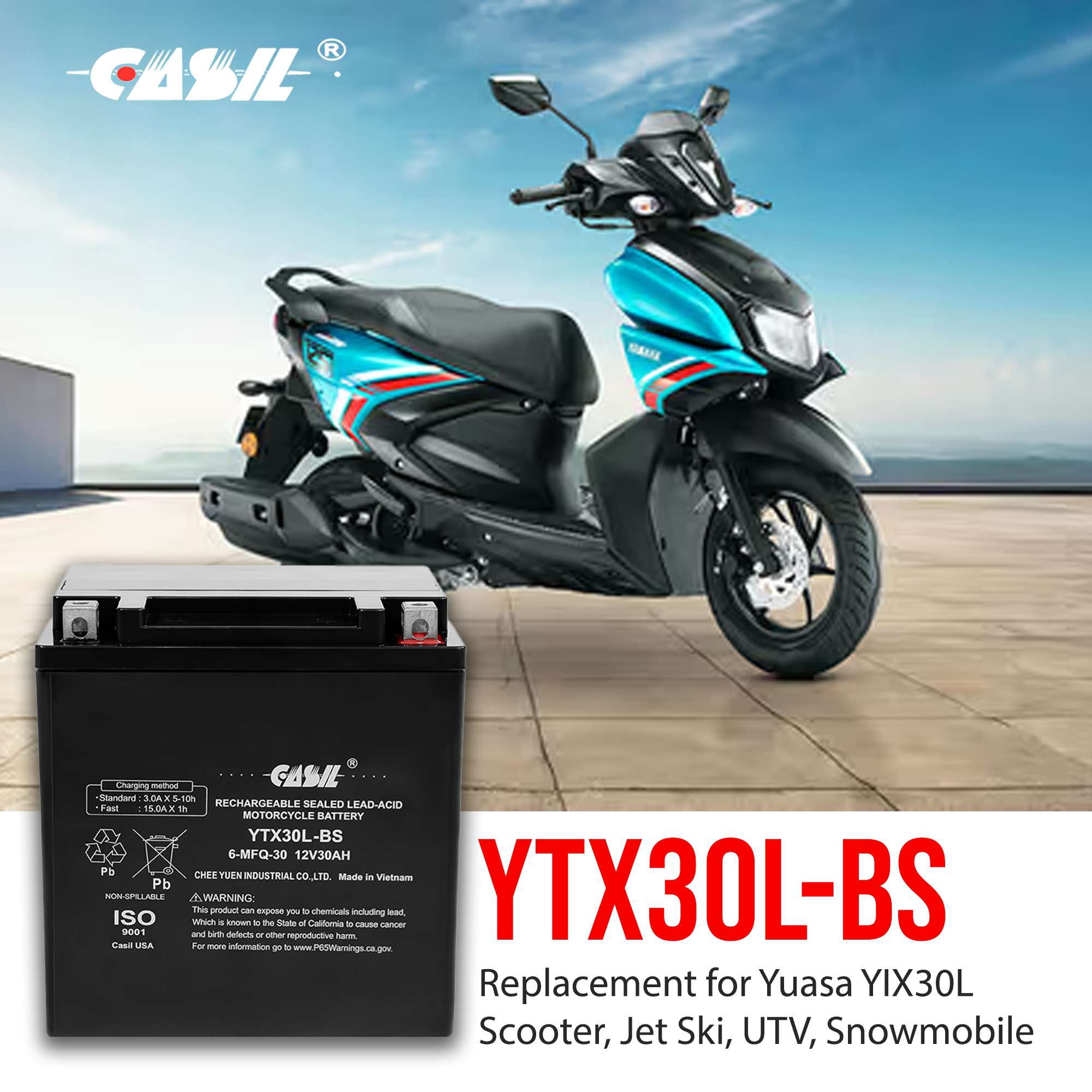 Casil YTX30L-BS Power Sports Battery 12V 30AH Motorcycle Battery for Polaris 800 Ranger 2012-2014