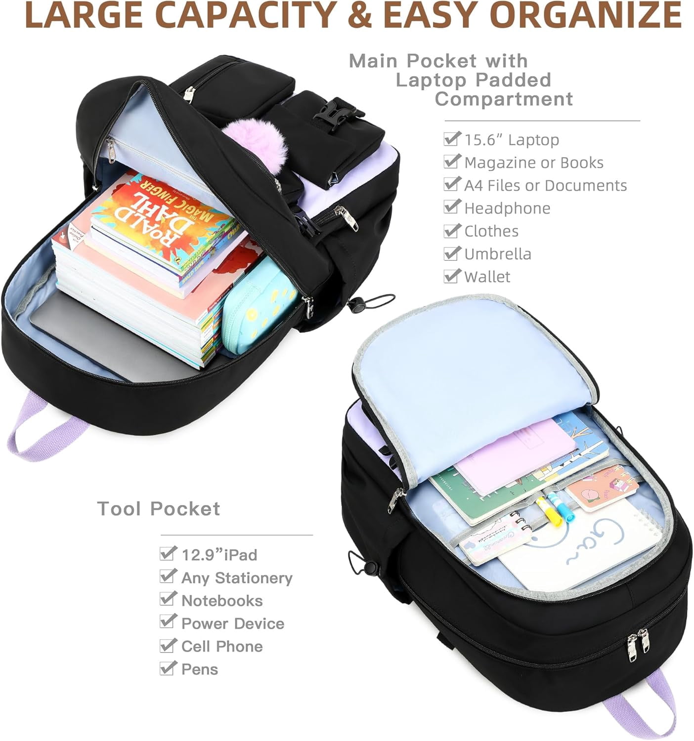 AO ALI VICTORY Laptop Backpack 15.6 inch Backpack Anti-theft Travel Backpack Large Schoolbag Teenagers（purple）