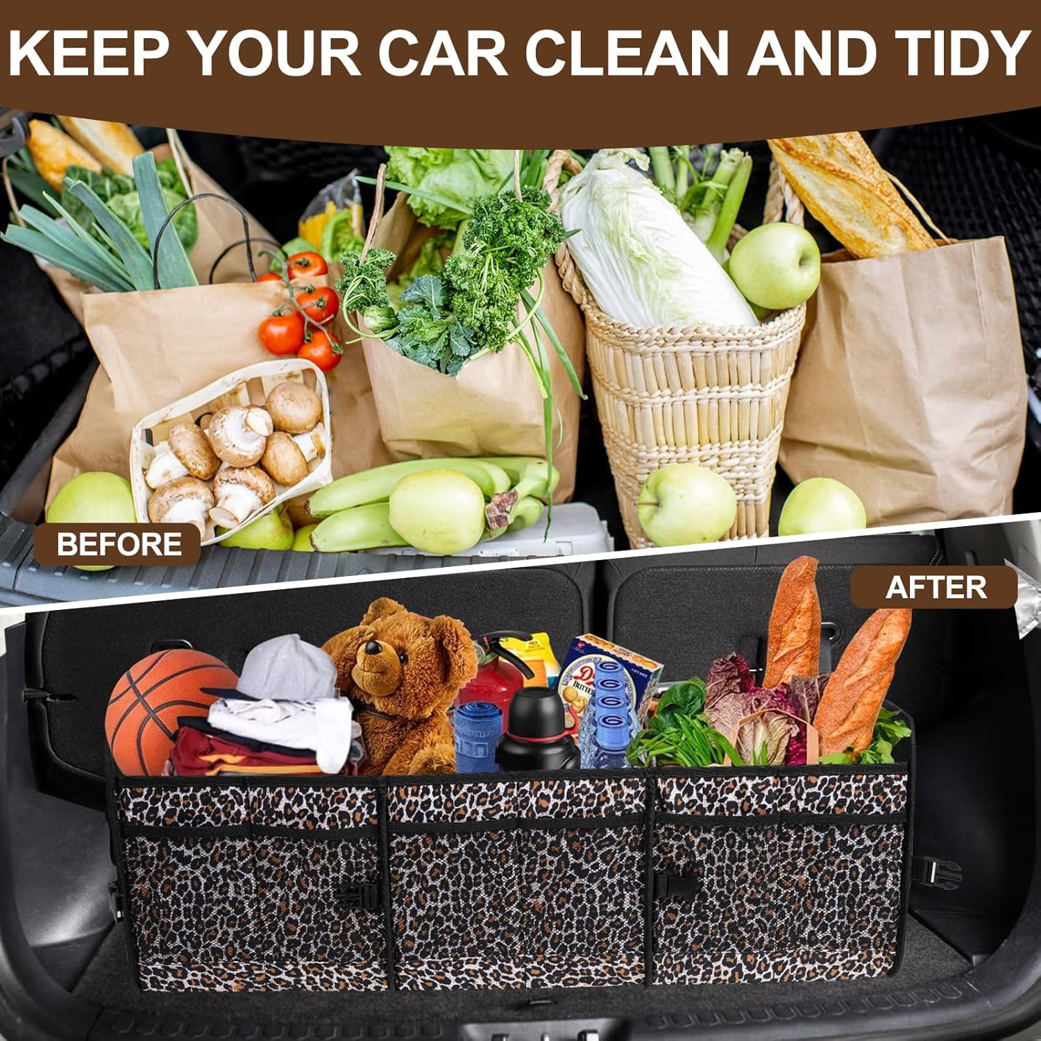 Leopard Print Trunk Organizer - 95L Large Capacity, Non-Slip Bottom, Waterproof, Portable Car Storage for SUV, Truck, Sedan