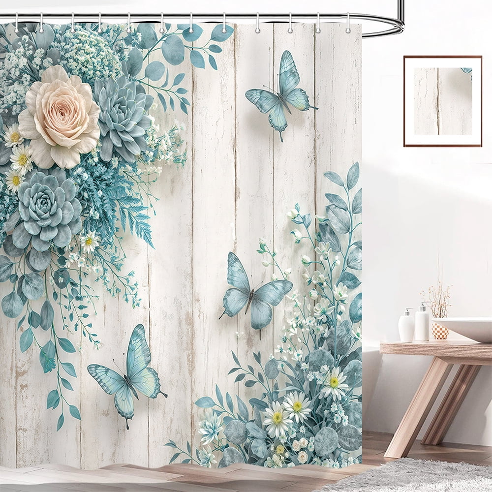 Blue Floral Shower Curtain - Farmhouse Rustic Rose Butterfly Bathroom Curtain Boho Botanical Waterproof Fabric Set with 12 Hooks,70X85in