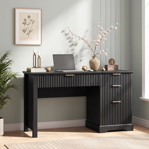 Vabches Fluted Executive Desk with File Drawer, Wood Home Office Desk with Large Drawers, Modern Computer Writing Desk for Study-Black