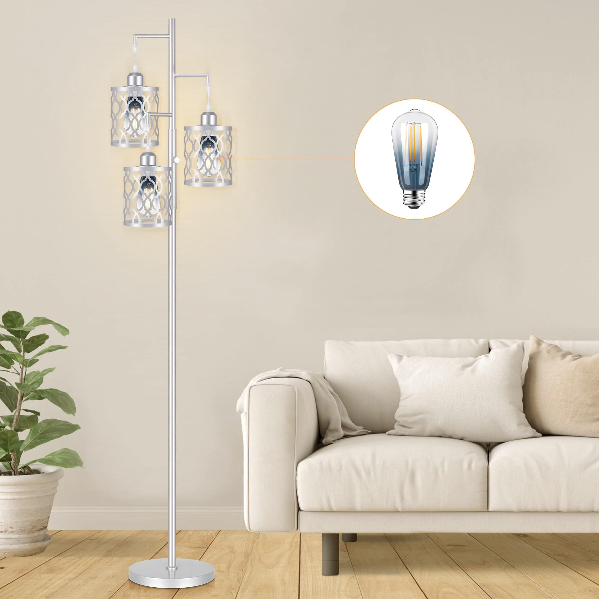 68" Farmhouse Floor Lamp  Dimmable Industrial Lamps For Living Room 3 Light Rustic Standing Tall Including 3 6w Edison Bulbs Tree Bedrooms Office Bar