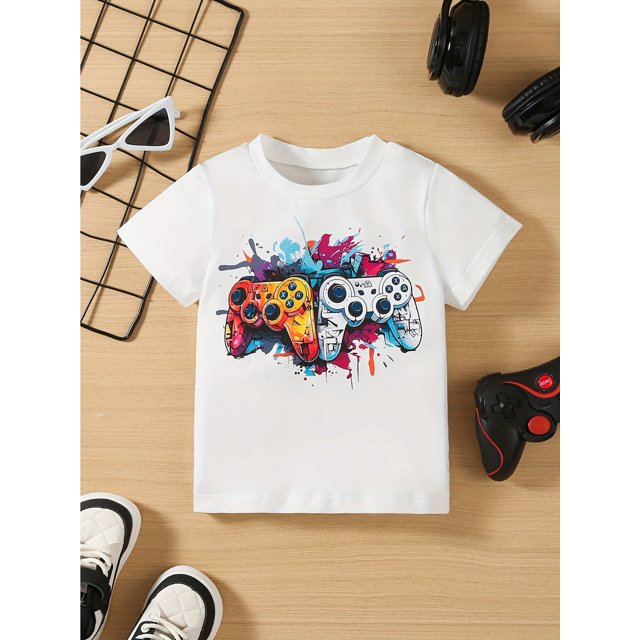 Boys' Summer Fashion T-Shirt with Colorful Game Controller Print - Cute Cartoon Design, Crew Neck, Short Sleeve, Cotton, Non-Sheer, Perfect for Playtime & Parties, Playtime Apparel | Cartoon Grap
