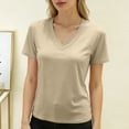 thumbnail image 2 of Womens Workout Tops Boxy Crop Cap Sleeve V Neck Basic Oversized Tshirts for Women Beige L, 2 of 4