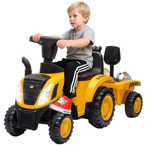 Qaba Tracteur à Chevaucher avec Remorque, Voiture à Chevaucher sous Licence Caterpillar, Jaune