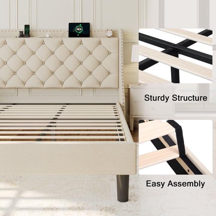 AENKYO King Size Platform Bed with Fast Charging Station, Storage Wingback Headboard, No Box Spring Needed, Beige