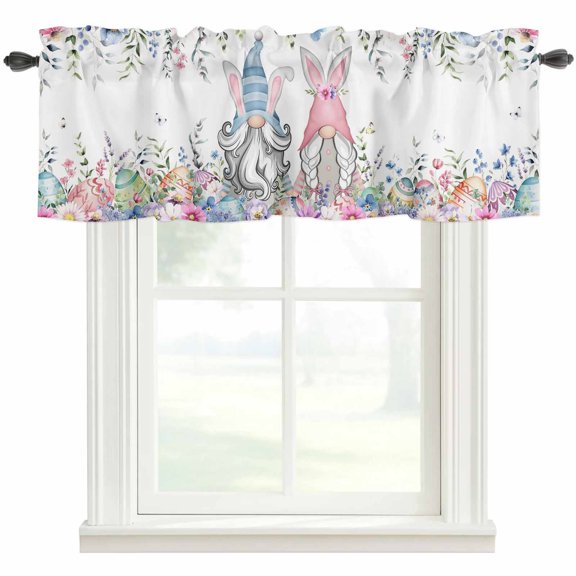 Gnomes Easter Rod Pocket Curtain Valance, Colorful Spring Floral Weeping Eggs Farmhouse Window Valance for Living Room, Bedroom, Kitchen 42"W x 18"L