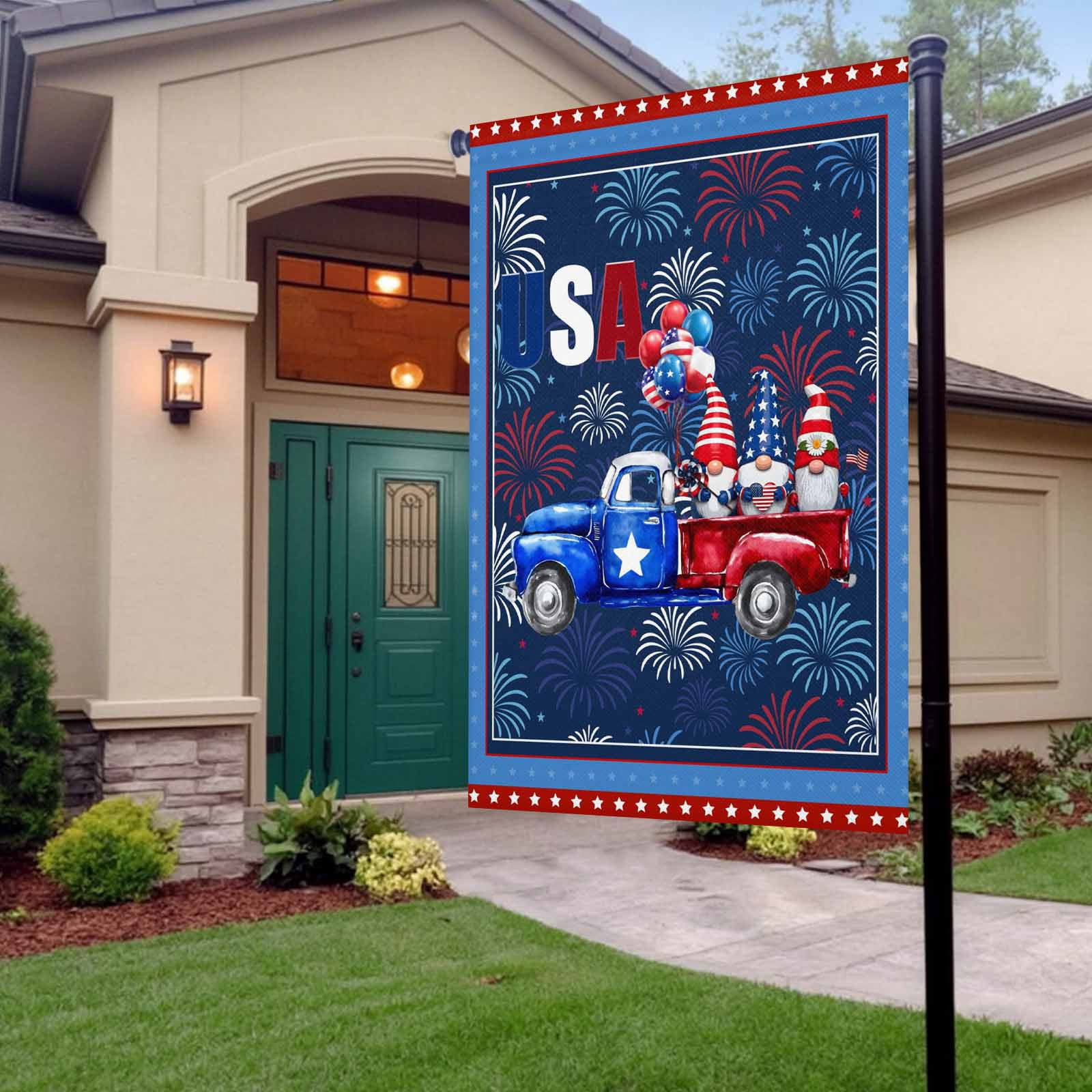 4th of July Garden Flags Patriotic Gnome Truck Garden Flag Double Sided Welcome Flag USA Flag Stars Balloon Independence Day Yard Flags for Outdoor Lawn Porch Memorial Day Holiday Decor 28x40 Inch