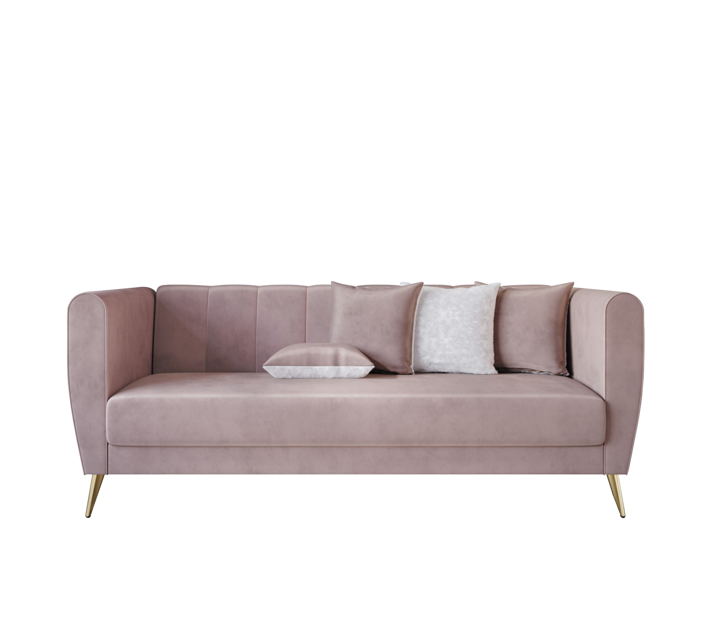 Home Design Scarlett Velvet Flared Arm 3-Seater Sofa with 4 Throw Pillows, Vertical Channel Tufting and Metal Legs, Modern Luxury, Pink