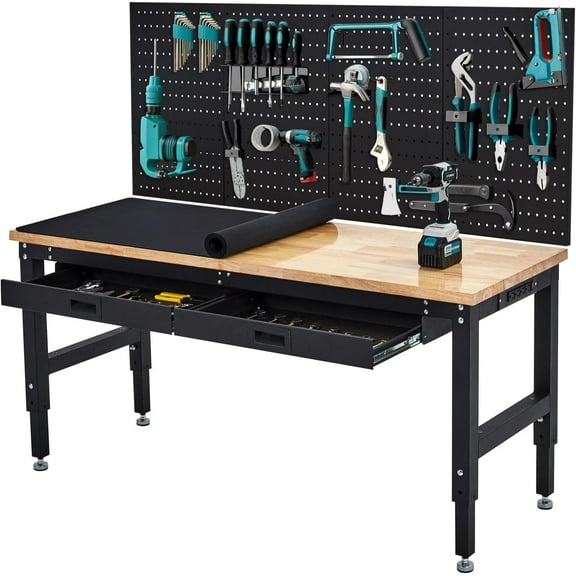 Garvee 60 Inches Workbench, Rubber Wood Tabletop Work Table with 2 Drawers & Pegboard, 3000 LBS Heavy Duty Adjustable Height Work Bench with Power Outlets for Workshop, Office, Garage