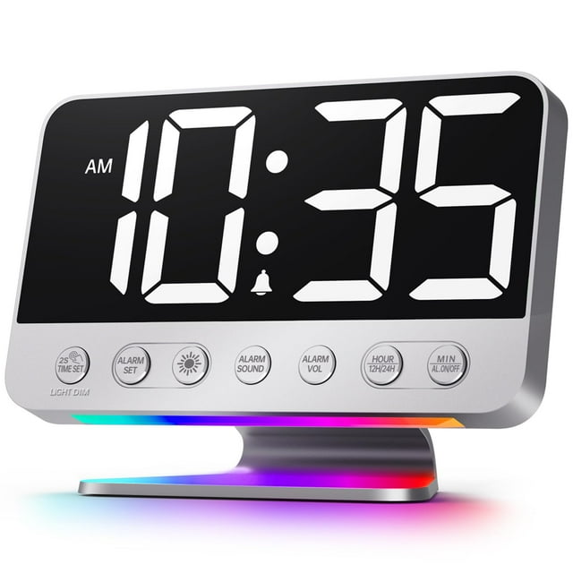 Odokee Despertadores digitales para dormitorios: Atenuador de brillo número 5 grande y atrevido - Fácil de leer en toda la habitación - 5 sonidos de alarma 8 luces nocturnas - Plata