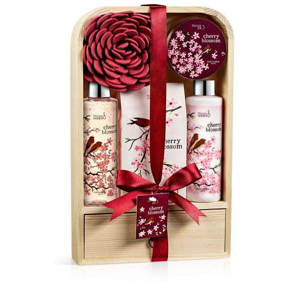 Luxury Cherry Blossom Bath and Body Gift Set for Women – 6pc Spa Gift Basket with Shower Gel, Lotion, Bath Salt – Self Care Gift Set for Her in Elegant Wooden Cabinet