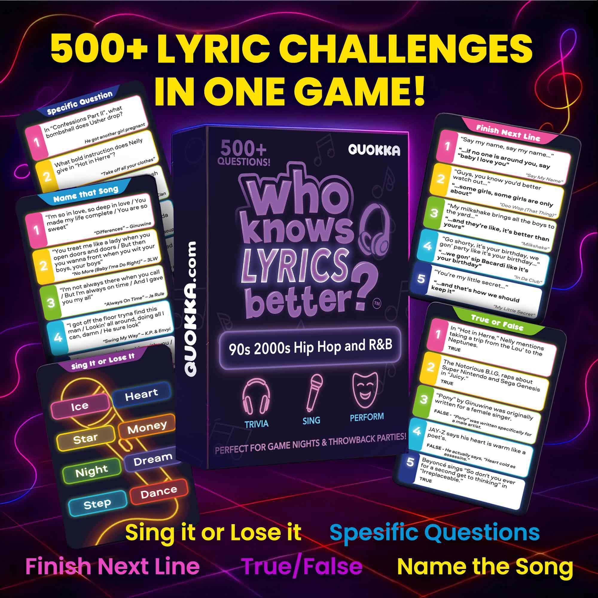 QUOKKA Card Game for Adults - Music Trivia Family Party Game - Who Knows Lyrics Better? Hip-Hop R&B