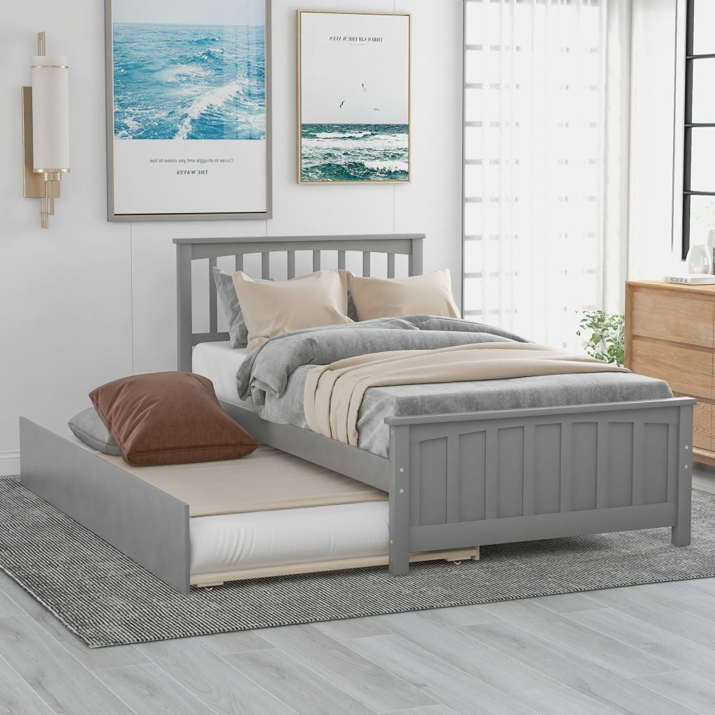Twin Size Platform Bed with Trundle, Twin Bed Frame with Headboard, for