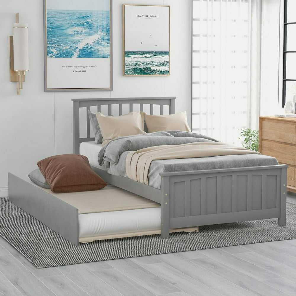Twin Size Platform Bed with Trundle, Twin Bed Frame with Headboard,for
