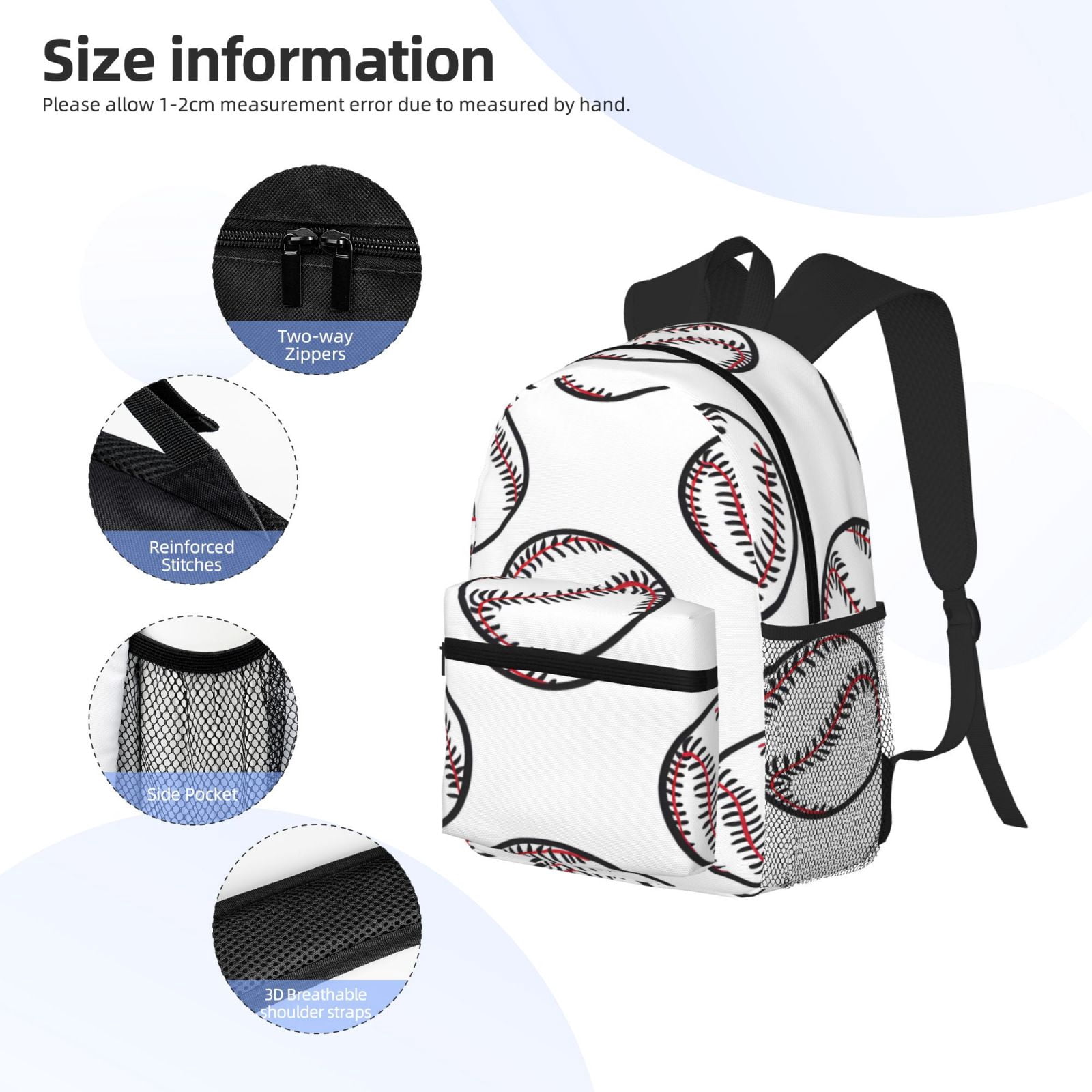 Casual Backpack Water Resistant Lightweight Daypack For Work Travel Hiking Camping Laptop Compartment & Side Mesh Pockets Baseball Theme Sporty Dynamic Style