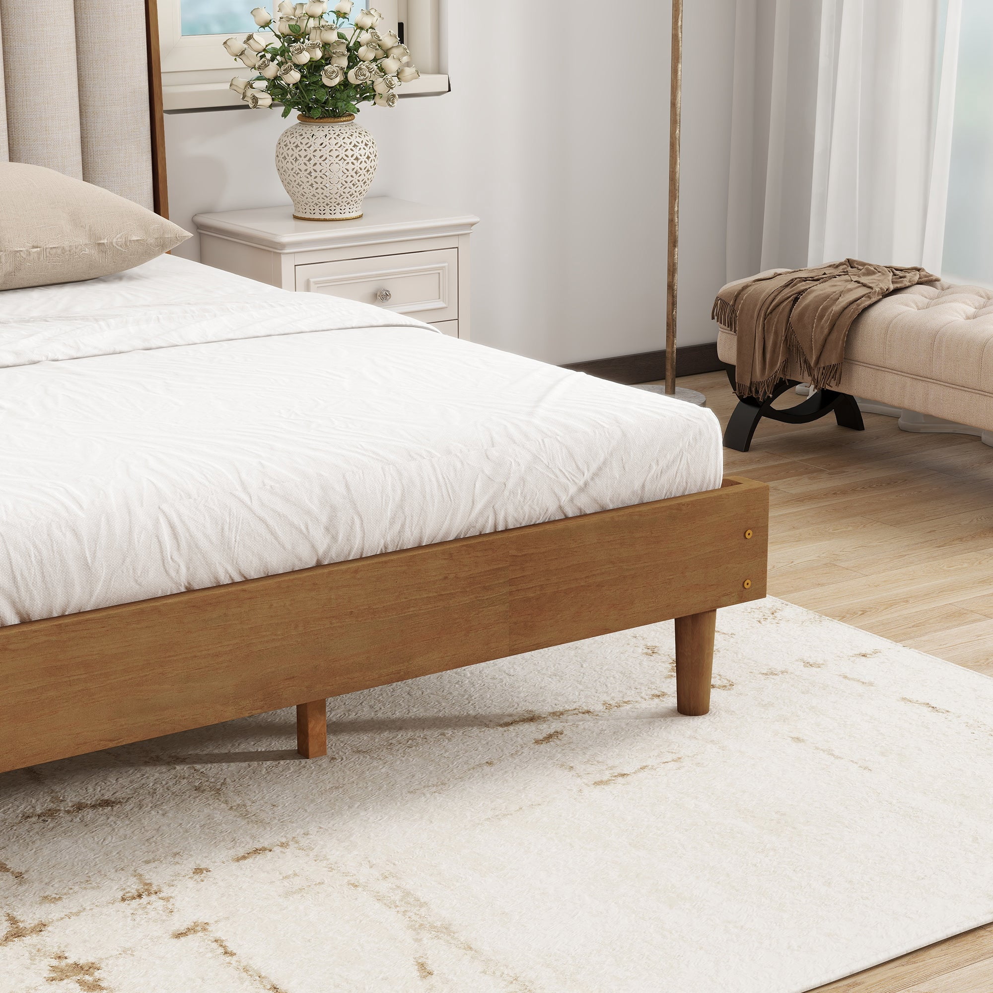 Sailvan Wood Bed with Piano Key Style Upholstered Headboard, Wood Bed with Strengthened Bed Frame