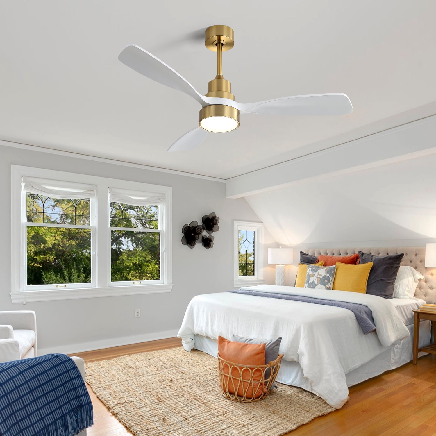 Ceiling Fan 48 Inch, 3 Solid Wood Blades with Remote Control and Reversible DC Motor for Living Room, Gold