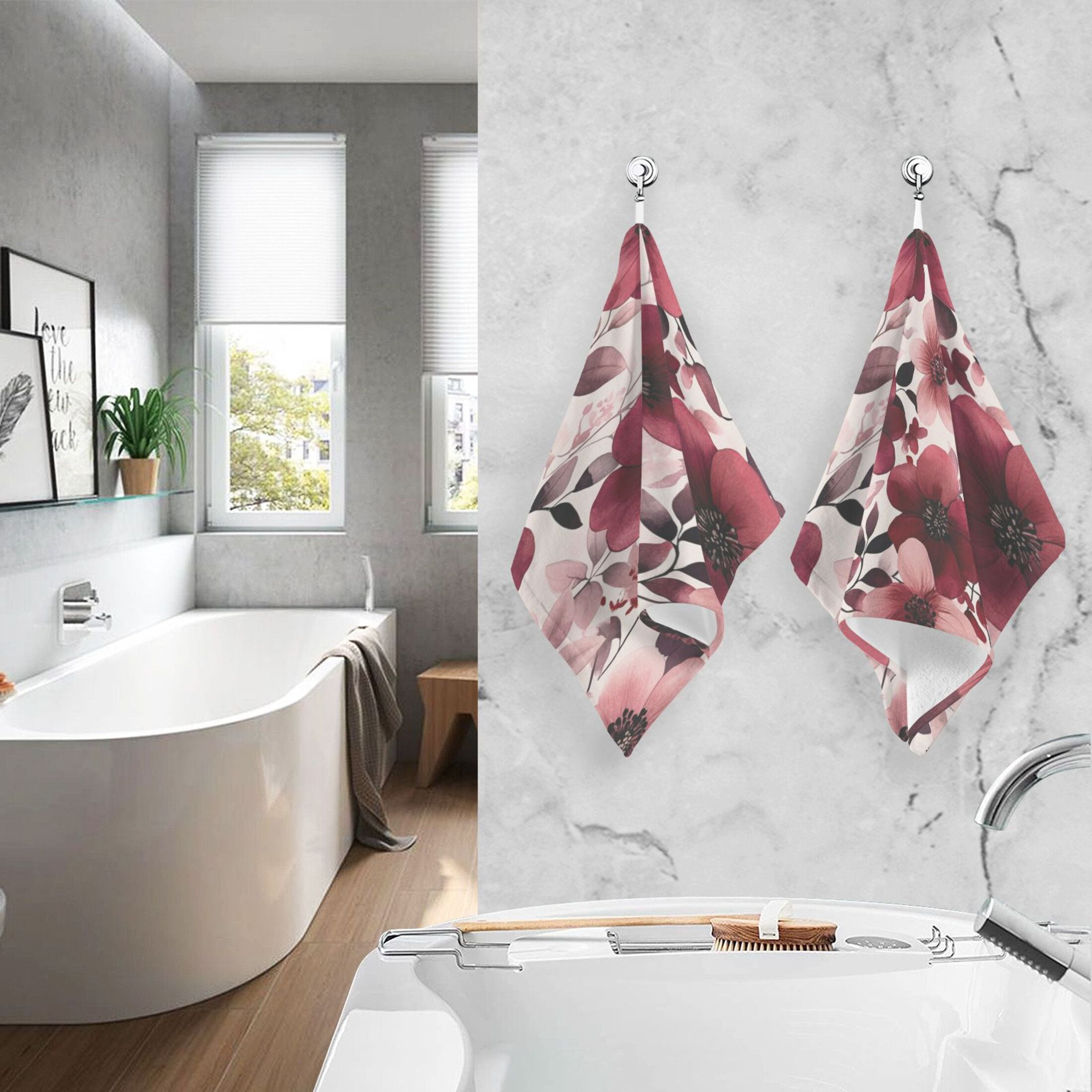 Cotton Towel Two-Piece 16x28 Inch One Sizex2 Face Towel Set Towel Set Cotton Hand Bath Towel Bathroom Beach Maroon Flowers