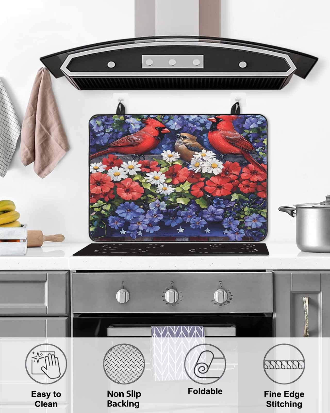 nqOlkjepod Large Induction Cooktop Protector Mat 36"x21", Independence Day Stove Top Covers for Electric Stove, 4th of July Red Blue Poppy Flower Stove Burner Cover Mats, Glass Top Stove Cover