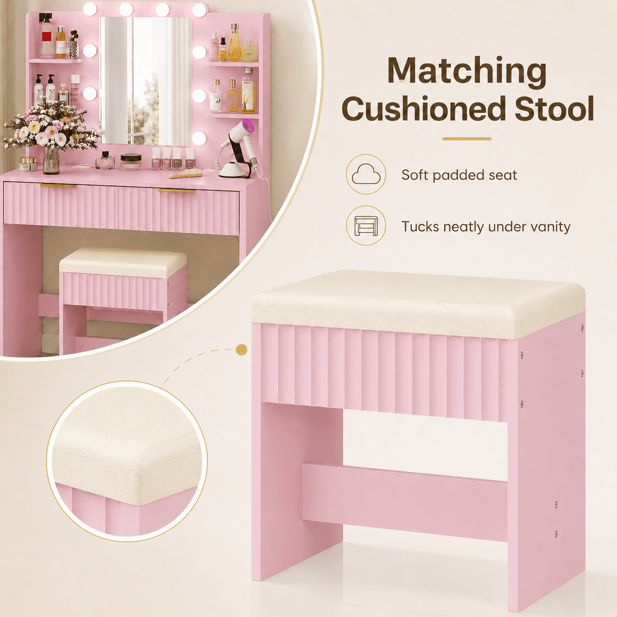 Ktaxon Lighted Makeup Vanity and Stool, Pink Vanity Table Set with 2 Drawer and Charging Station, Femal Gift