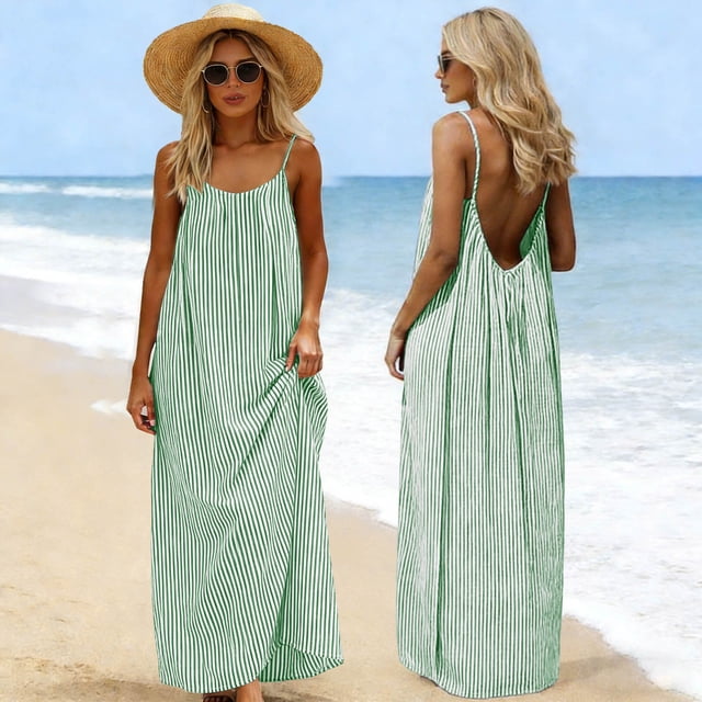 LVHAOGJOB Robe Tendance pour Femmes Maxi Dos Nu Robe d'Été Sans Manches Imprimée Longue Grande Taille Robe Soleil pour Dames à Bretelles Spaghetti