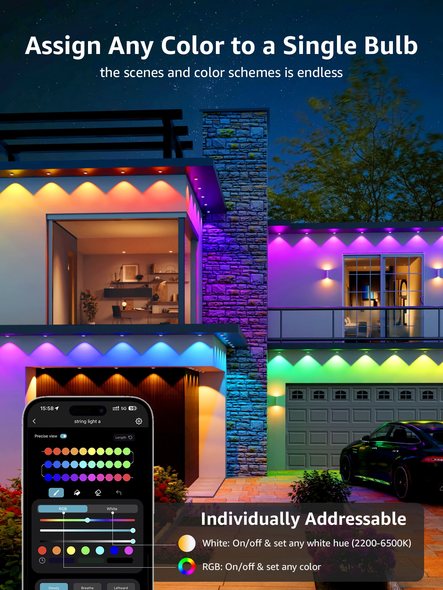 Lepro E1 AI Permanent Outdoor Lights 150FT, Smart RGB+IC Color Changing LED Eaves Lights APP Control Work with Alexa&Google Assistant (2.4 GHz WiFi), Waterproof for House, Halloween Christmas Decor