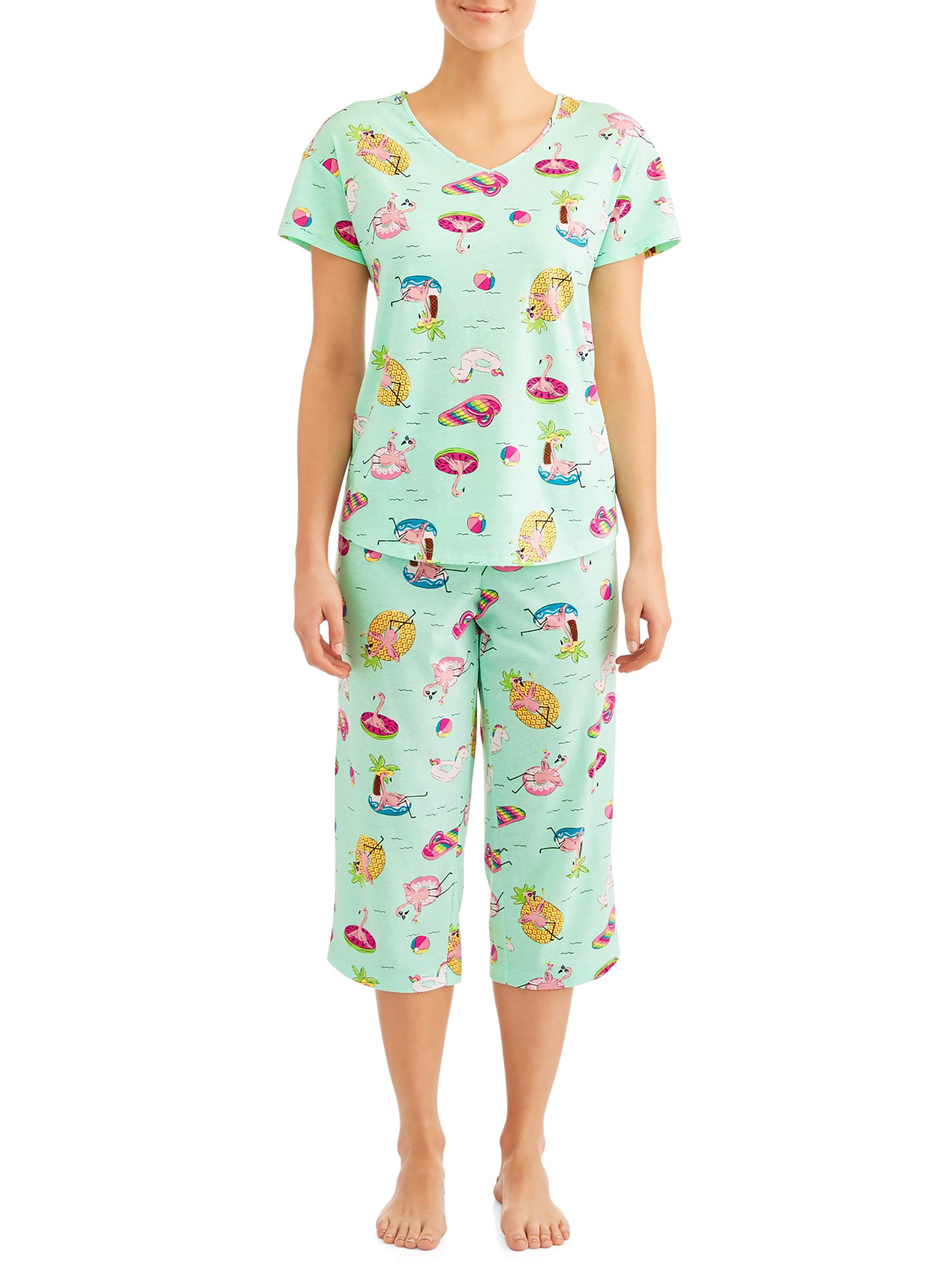 Yours Clothing Womens Plus Size Pink & Turquoise Flamingo Cropped Pyjama Set 