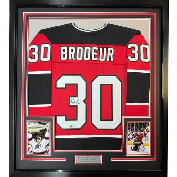 Framed Facsimile Autographed Martin Brodeur 35x39 New Jersey Red Reprint Laser Auto Hockey Jersey
