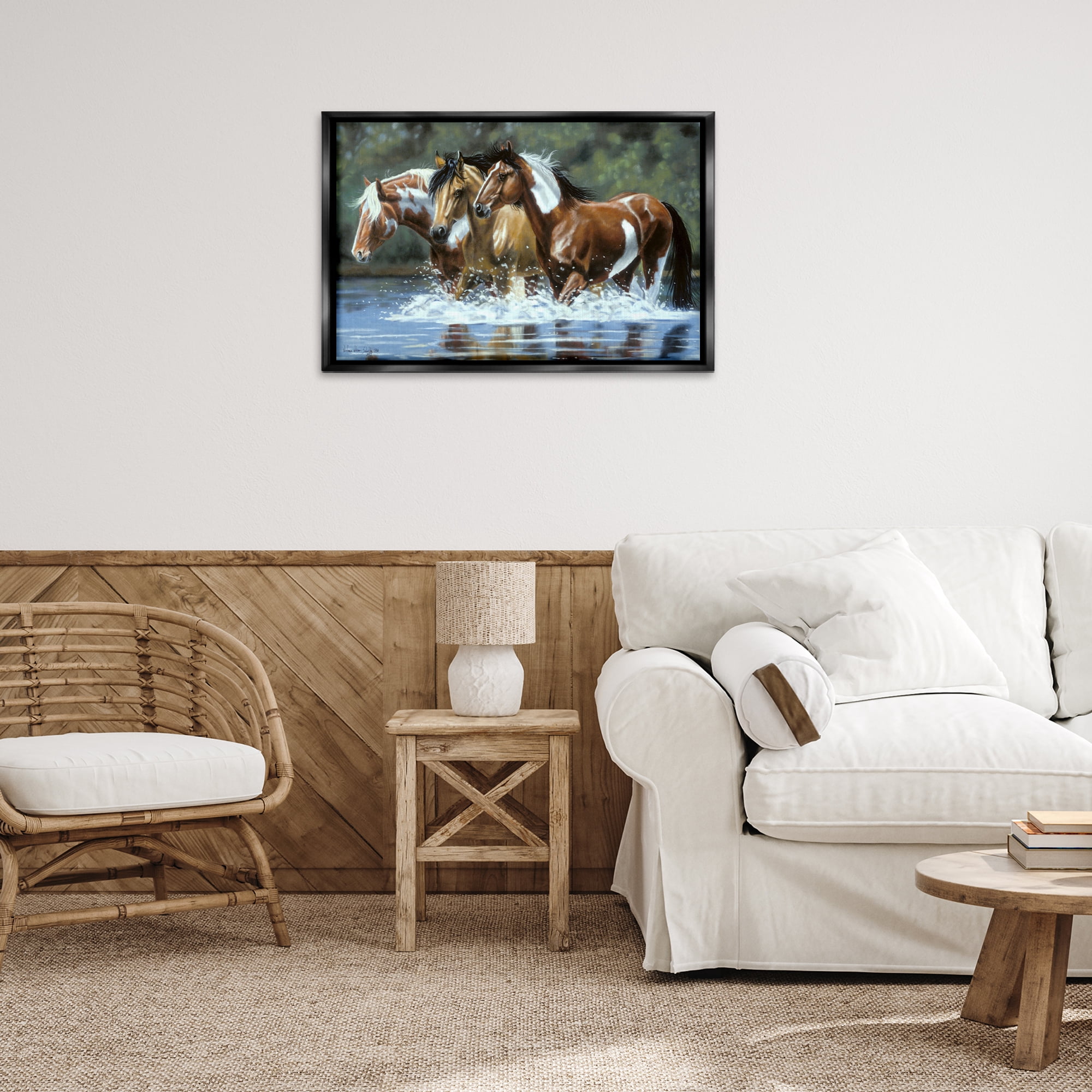 Stupell Industries Heading Upstream Horses Animals & Insects Painting Black Floater Framed Canvas Art Print Wall Art, 31 x 21