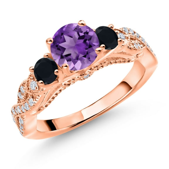 Gem Stone King 18K Rose Gold Plated Silver Purple Amethyst Black Onyx and White Moissanite Engagement Ring for Women (1.47 Cttw, Gemstone February Birthstone, Round 6MM and 3MM, Size 9)