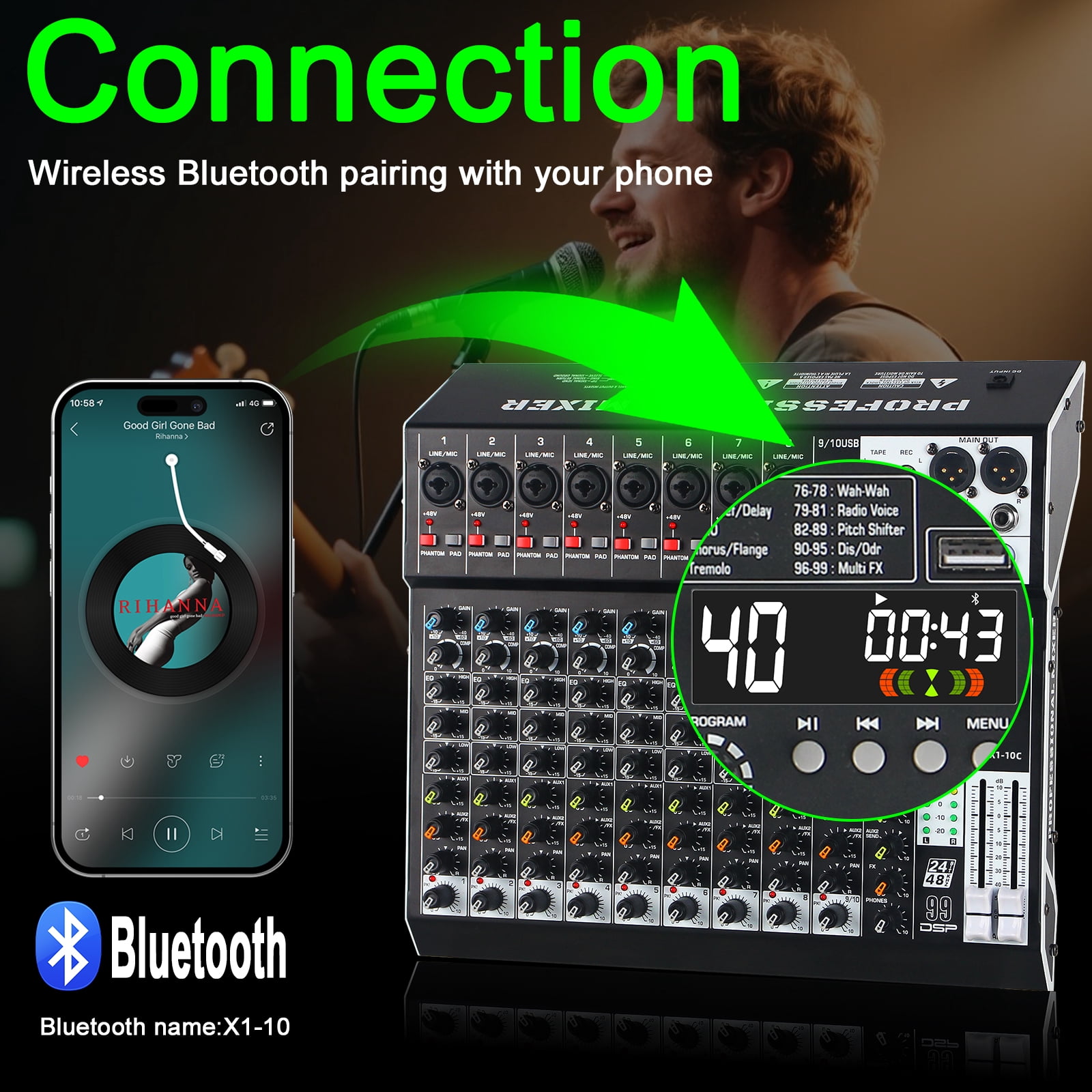 Audio Mixer 10 Channel Professional Sound Mixer Console with 99 DSP Effects, Mixing Board DJ Mixer w/USB, Bluetooth, 48V Power Supply, PAD Button for Recording Karaoke PA Drum Live Music