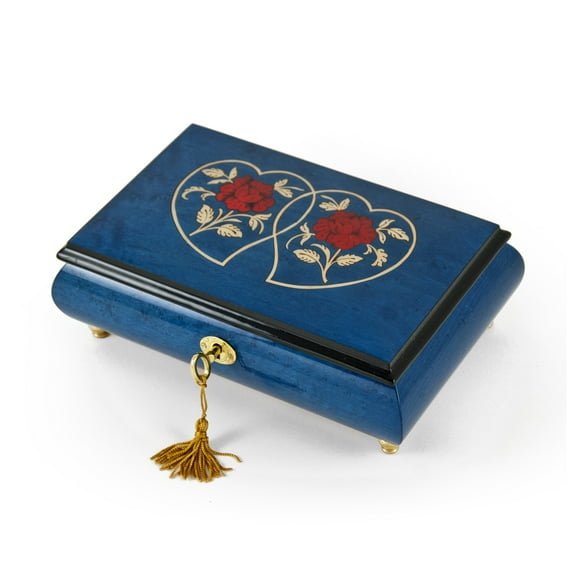 Radiant 30 Note Dark Blue Double Heart with Red Roses Inlay Music Jewelry Box - Nutcracker Suite - March