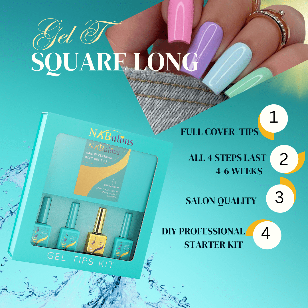 NABulous™ Clear Square Long Soft Gel Nail Starter Kit | Professional Nail Kit | Long Length Full Cover Nail Tips | DIY Manicure Essentials (Square Long)