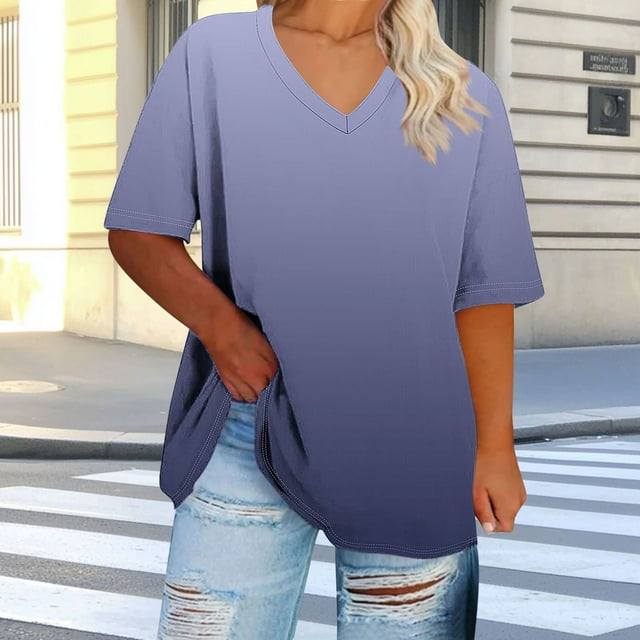 Ovbmpzd V-Neck Women Tops Navy Short Sleeve Plus Size Gradient Color Comfy Blouses Ladies Tops and Blouses L