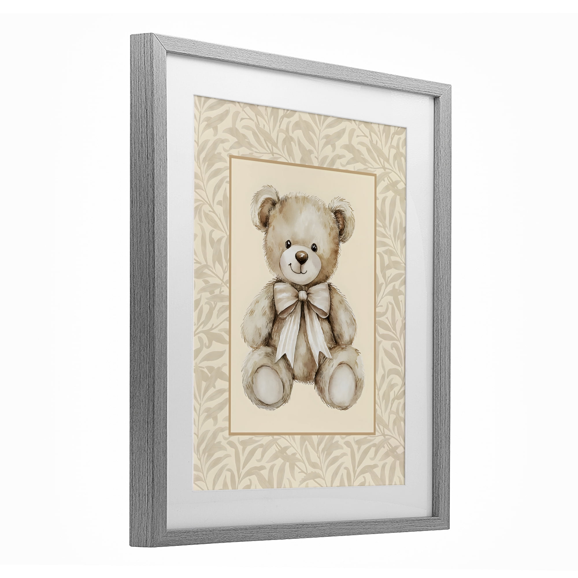 Stupell Industries Beige Teddy Bear and Border Gray Framed Print Under Glass, design by LSR Design Studio