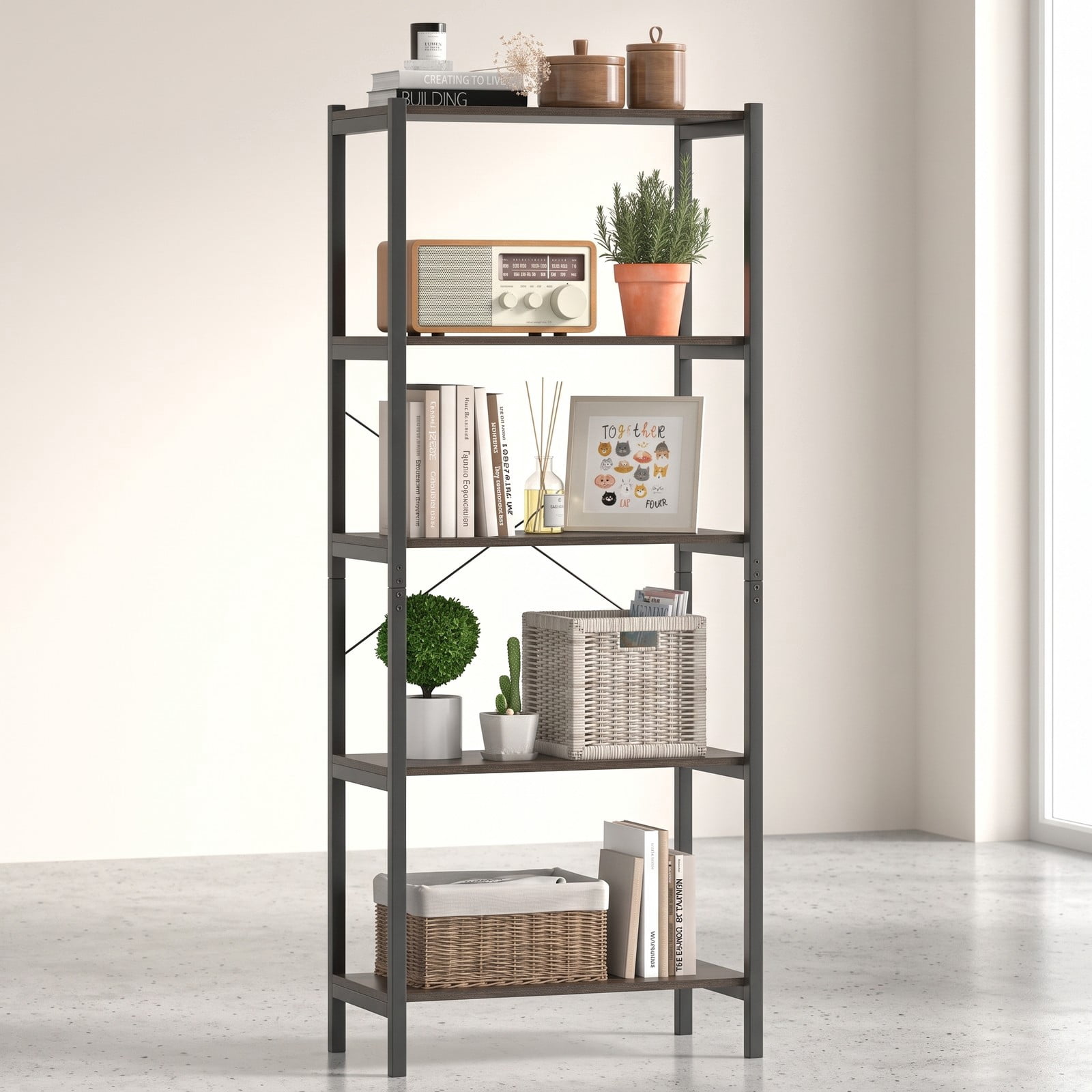 Furnibear 5-Tier Bookshelf Industrial Display Storage Rack Freestanding Open Bookcase with Sturdy Metal Frame for Home Office Living Room, Gray