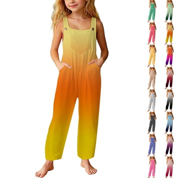 Bmisegm Wide Leg Jumpsuit Stylish Casual Loose Fit Girls Gradient Color Long Pants with Pockets Casual Romper for Kids 5-14 Years 01_Yellow,9-10 Years